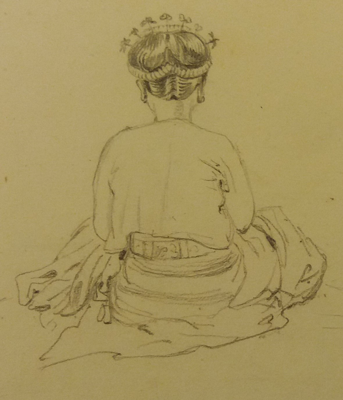 Pencil drawing of a female slave sitting with her back towards the viewer.